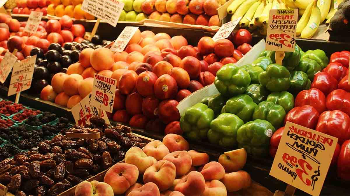 Colorful fruits and vegetables at grocery store